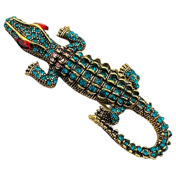 Crocodile Reptile Pin Brooch Pendant, Gold-tone, Rhinestone Crystals, Gift Bag - Picture 7 of 7